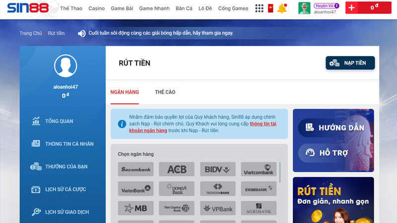 Rút tiền Sin88 để mang về tiền mặt nhanh chóng Rút tiền Sin88 để mang về tiền mặt nhanh chóng