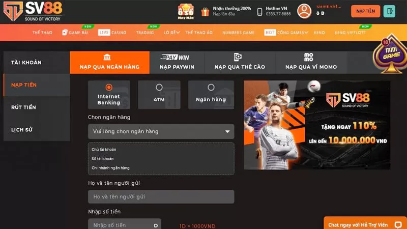 Các bước thực hiện nạp tiền SV88 đơn giản Các bước thực hiện nạp tiền SV88 đơn giản